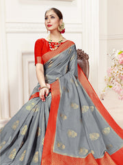 Grey Banarasi Art Silk Woven Saree