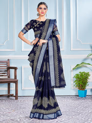 Navy Blue Cotton Silk Printed Saree