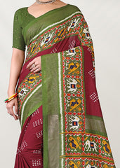 Maroon Silk Cotton Foil Printed Saree