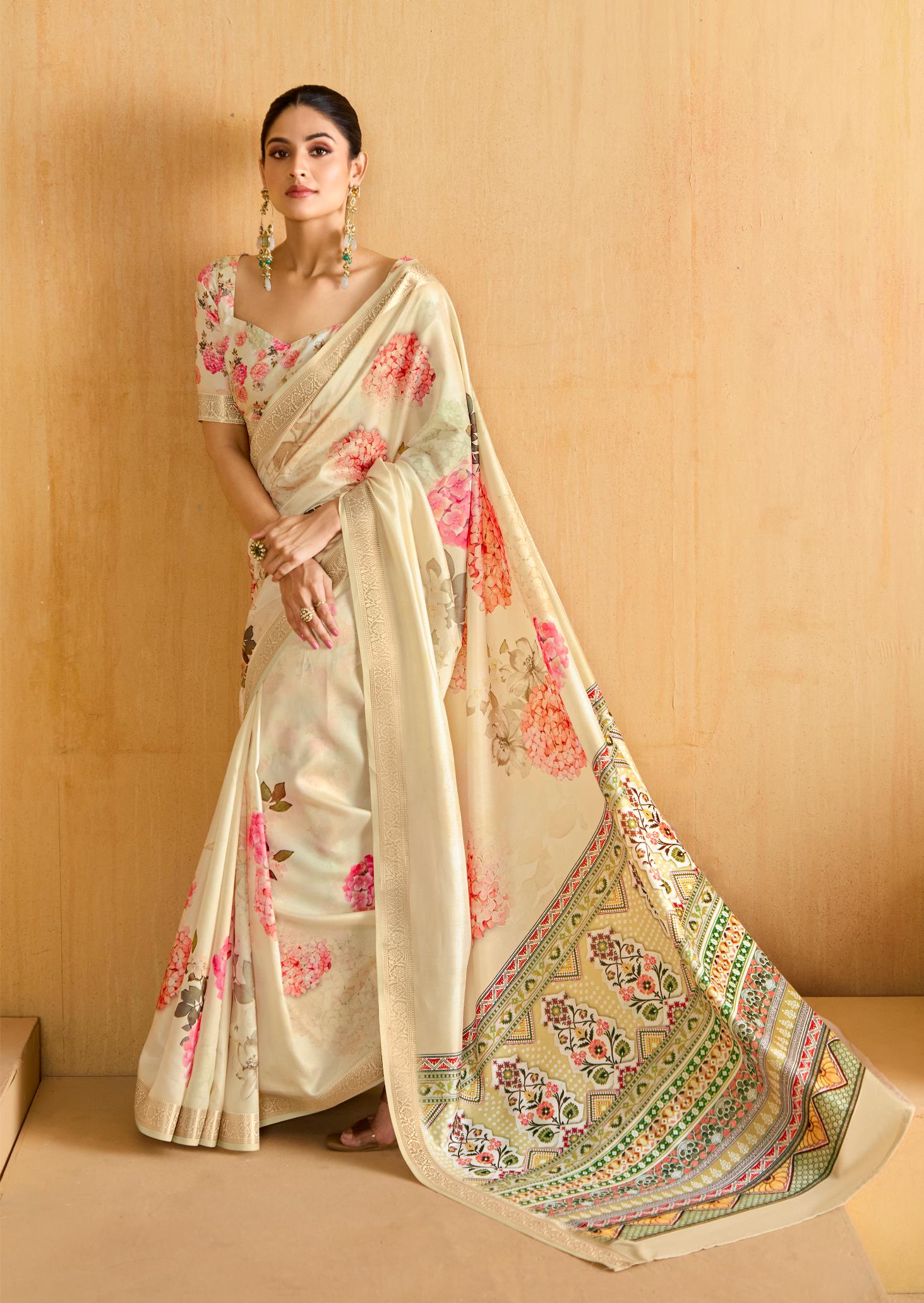 Cream Tussar Silk Floral Print Saree