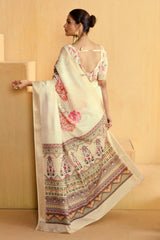 Cream Tussar Silk Floral Print Saree