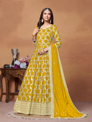 Yellow Jacquard Embroidered Anarkali Gown With Pant Dupatta