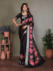 Black Dull Moss Floral Print Saree-BLCBTY1001