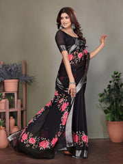 Black Dull Moss Floral Print Saree