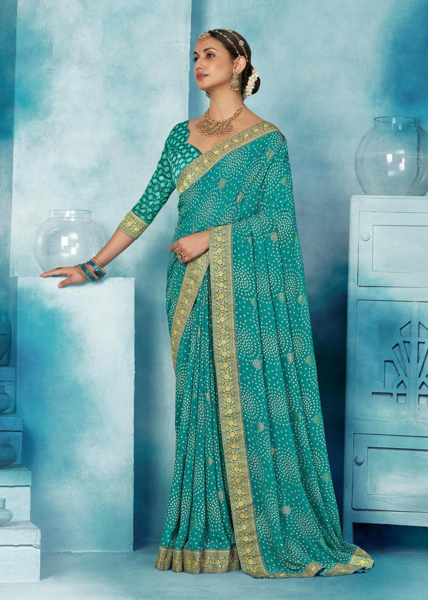 Aqua Green Weightless Bandhani Print Saree-JHMR2006