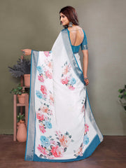 White Dull Moss Floral Printed Saree