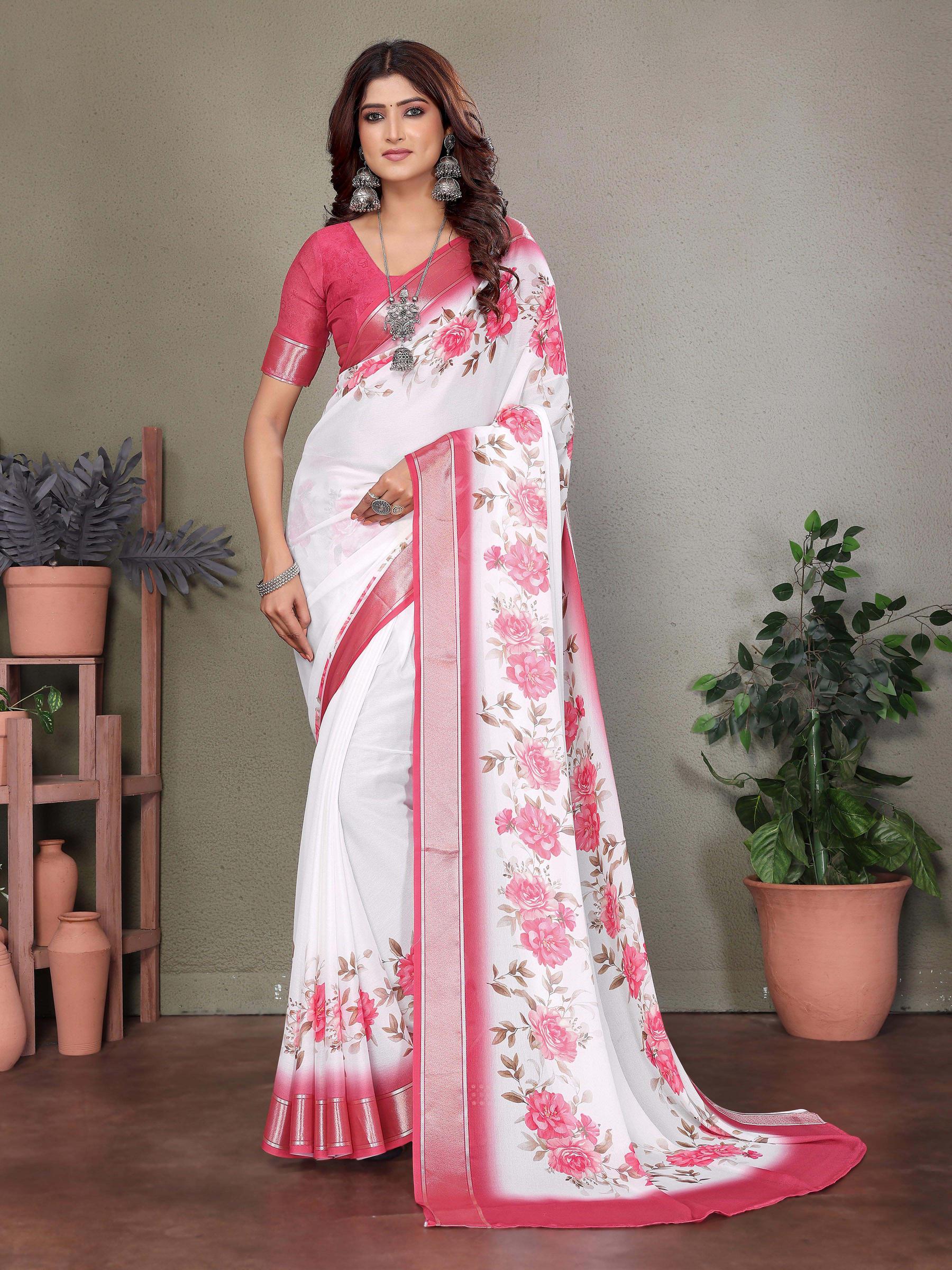 White Dull Moss Floral Printed Saree-WHTBTY1006