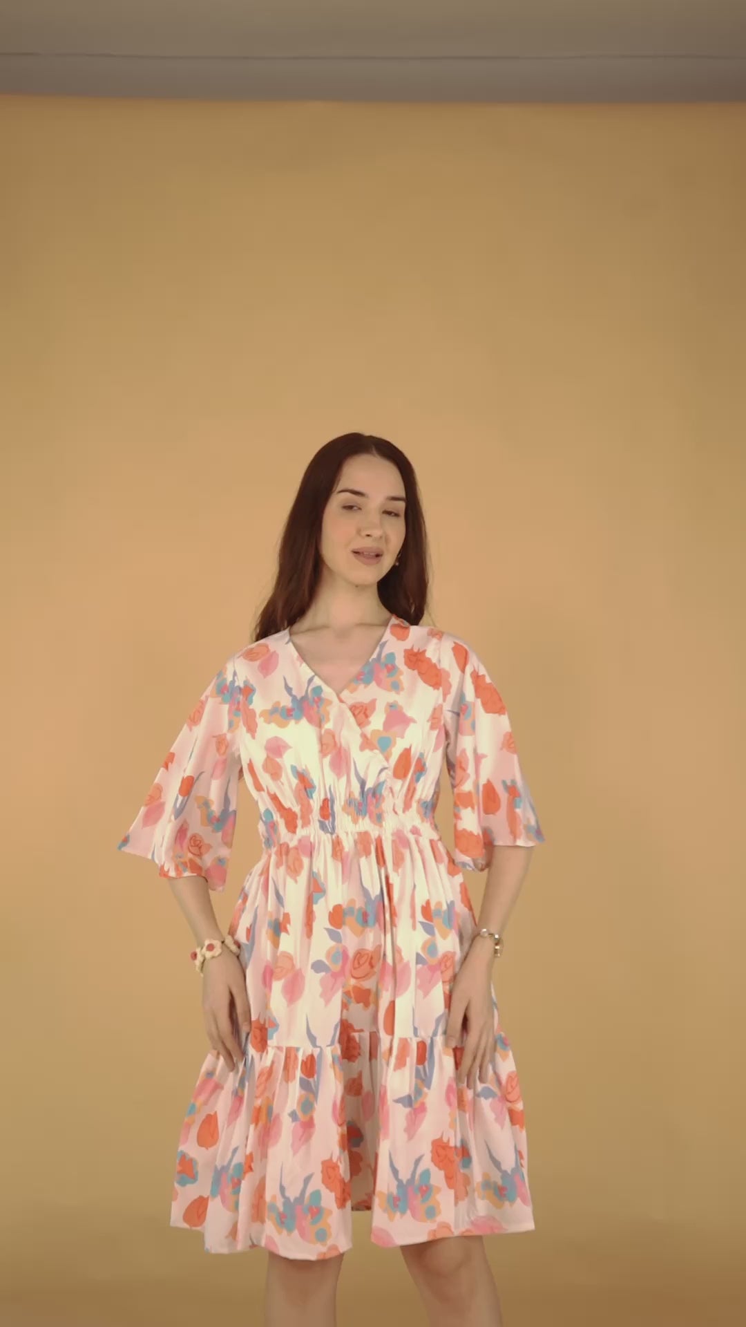 White V-Neck Poly Rayon Printed Dress With Kimono Sleeve