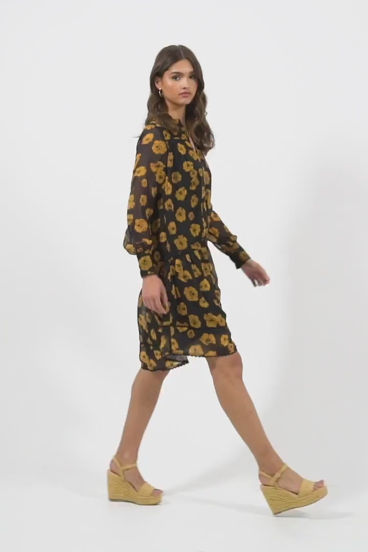 V Neck Flowy Chiffon Dress Black Yellow