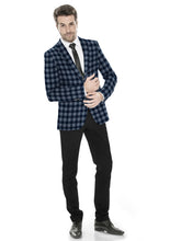 Navy Blue Men's Two Button Dress Party Checks Print Suit Jacket Notched Lapel Slim Fit Stylish Blazer