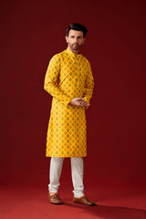 Ensemble pyjama Kurta en coton uni jaune pour homme, tenue Haldi