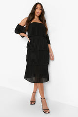 Female Black Tall Pleated Off Shoulder Occasion Dress