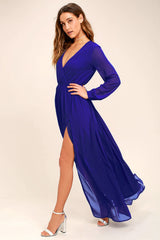 Robe longue unie à manches longues et col en V bouffant en georgette