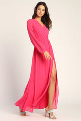 Robe longue unie à manches longues et col en V bouffant en georgette