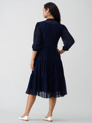 Navy Blue Crepe Chiffon Swiss Dot Boat Neck Tunic Top with Jacket