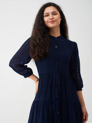 Navy Blue Crepe Chiffon Swiss Dot Boat Neck Tunic Top with Jacket