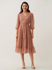 Rust Orange Chiffon Brasso Swiss Dot V-Neck Dress