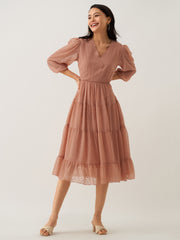 Rust Orange Chiffon Brasso Swiss Dot V-Neck Dress