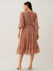 Rust Orange Chiffon Brasso Swiss Dot V-Neck Dress