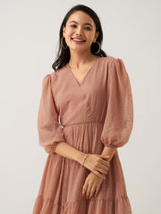 Rust Orange Chiffon Brasso Swiss Dot V-Neck Dress