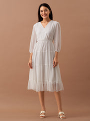 White Chiffon Brasso Swiss Dot V-Neck Dress