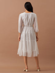 White Chiffon Brasso Swiss Dot V-Neck Dress