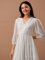 White Chiffon Brasso Swiss Dot V-Neck Dress