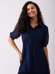 Navy Blue Chiffon Brasso Swiss Dot Point Collar Dress