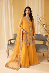 Royal Orange Raw Silk Embroidered angrakha Style Top With Sharara Dupatta