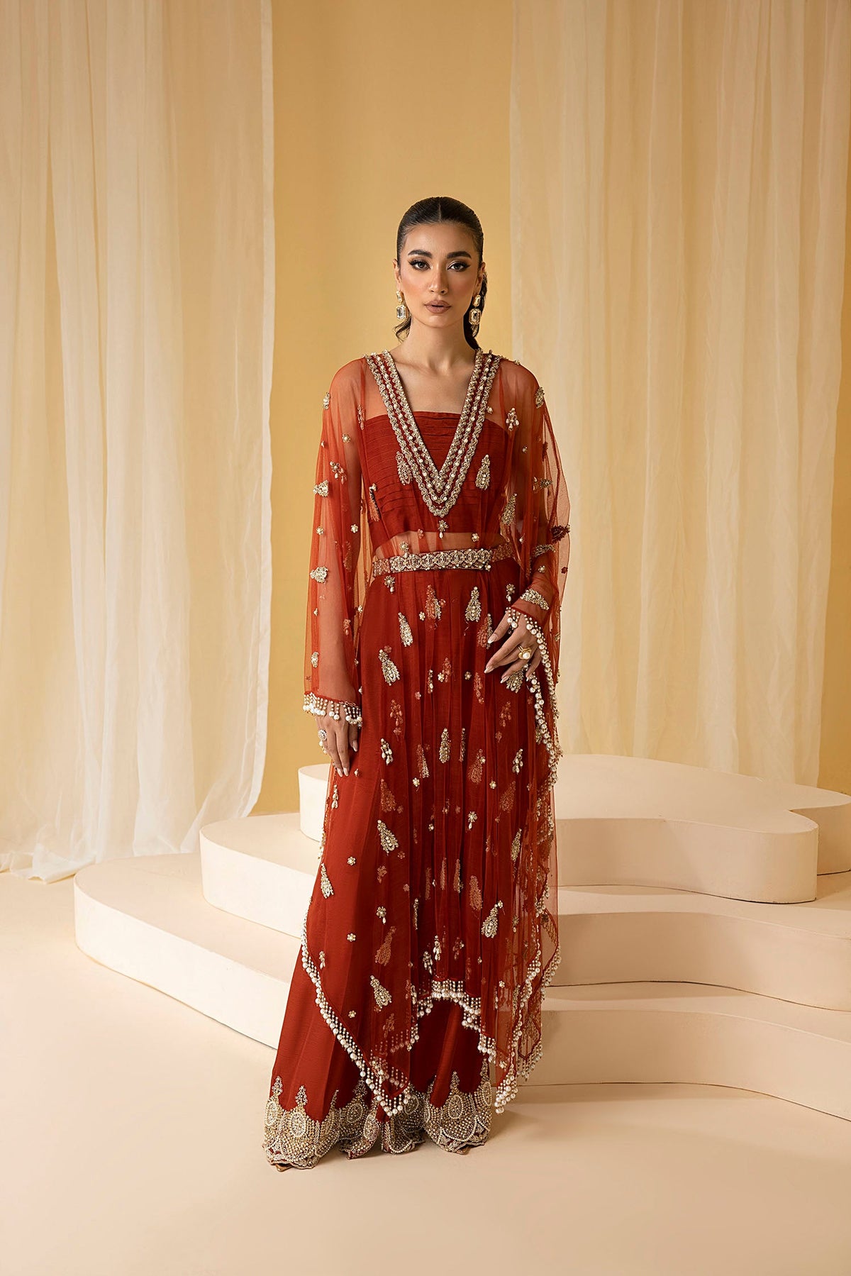 Rust Raw Silk Embroidered V Neck Kaaftan With Trouser and Inner Slip