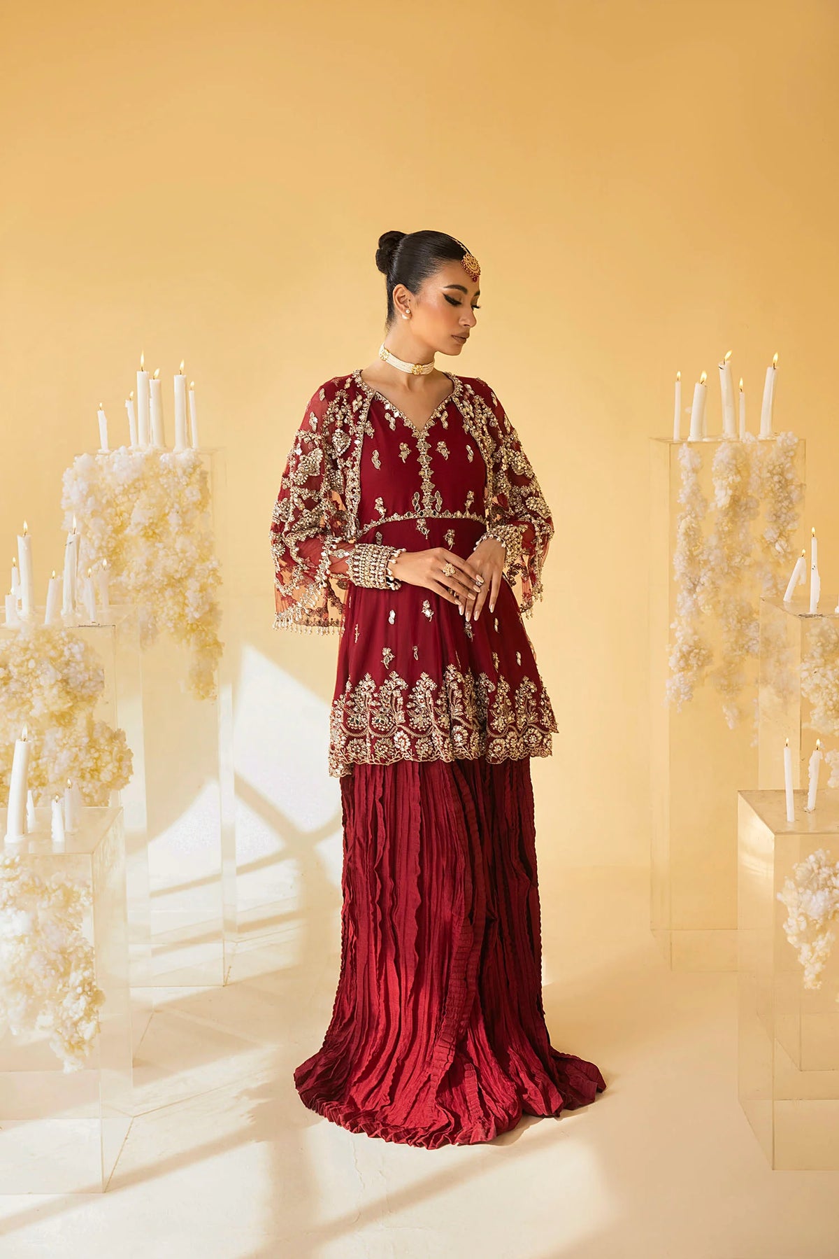 Stunning Barn Red Flared Net and cotton Silk Peplum Top With Sharara and Dupatta