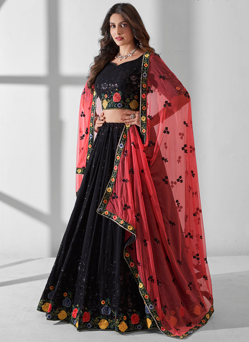 Black Georgette Sequins Embroidered Lehenga Choli