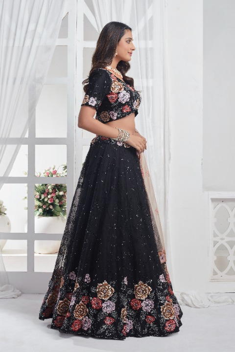 Black Net Sequins Embroidered Lehenga Choli