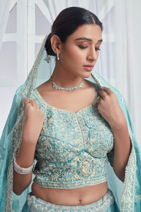 Light Blue Organza Sequins Embroidered Lehenga Choli