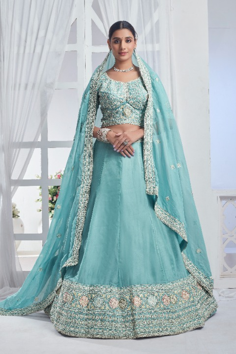 Light Blue Organza Sequins Embroidered Lehenga Choli