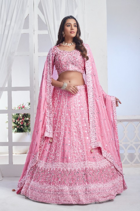 Baby Pink Chiffon Sequins Embroidered Lehenga Choli