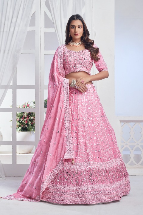 Baby Pink Chiffon Sequins Embroidered Lehenga Choli