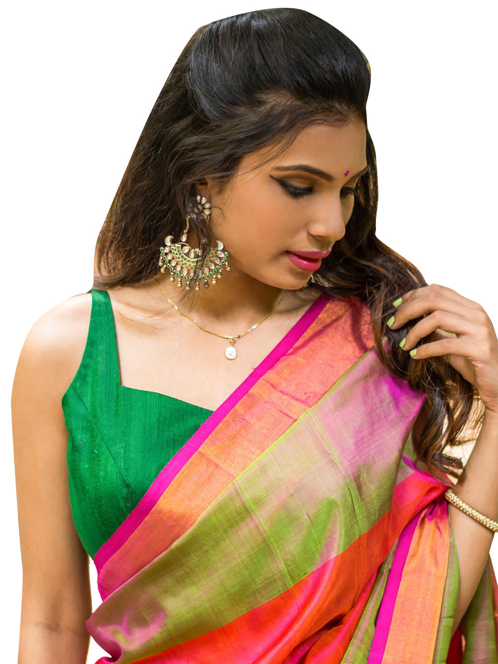 Green Raw Silk Sleeveless Solid Blouse