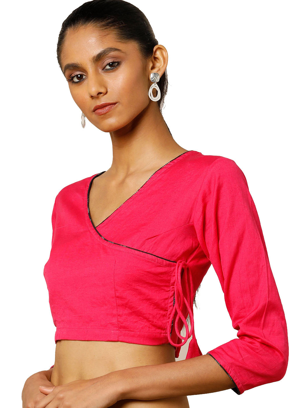 Pink Cotton 3/4 Sleeve Solid Blouse