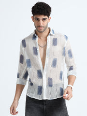 White-Blue Cotton Crochet Knitted  Full Sleeves Regular Shirt