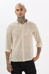 Cream Crochet Cotton  Full Sleeves Regular Shirts