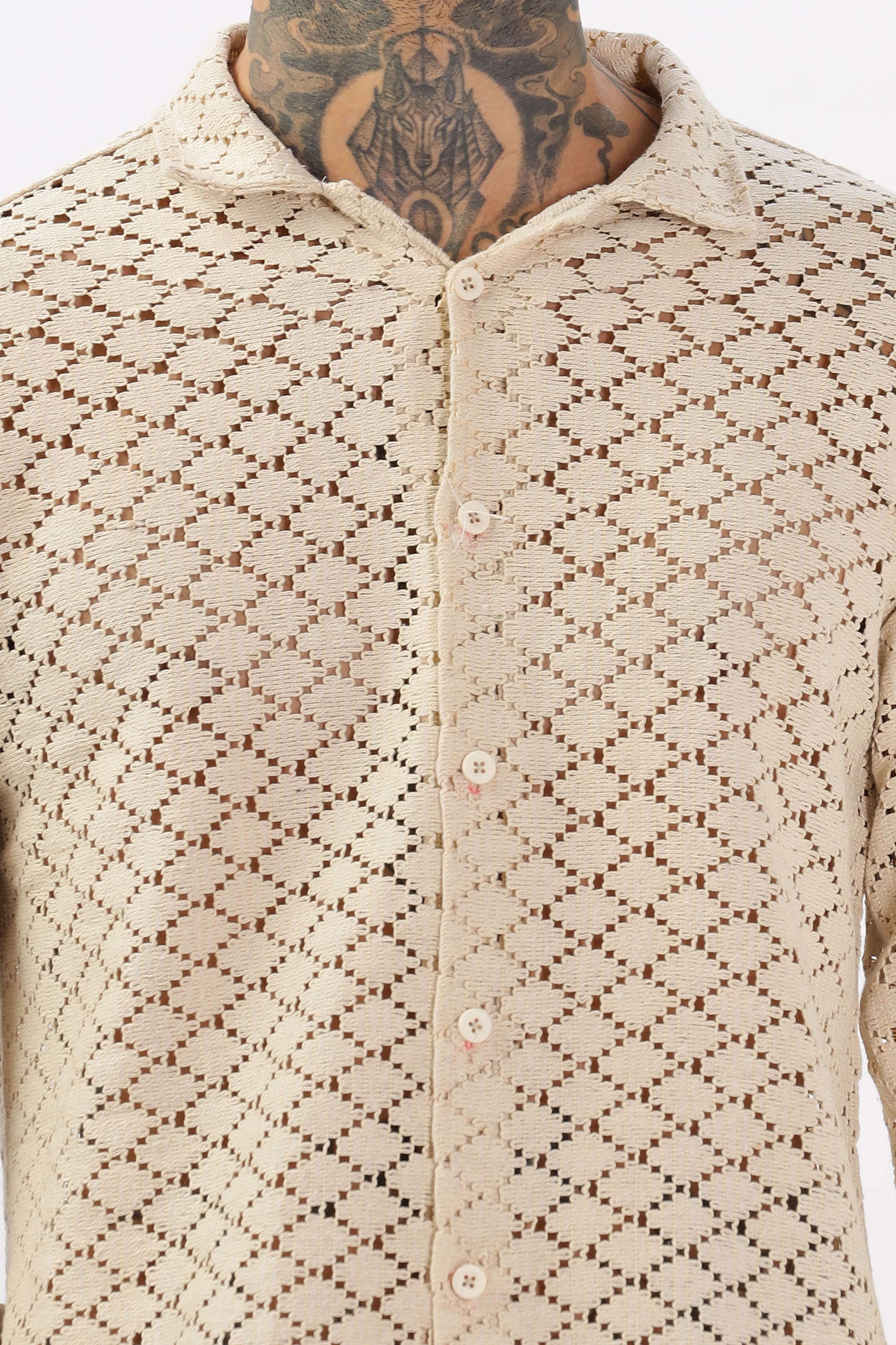 Cream Crochet Cotton  Full Sleeves Regular Shirts