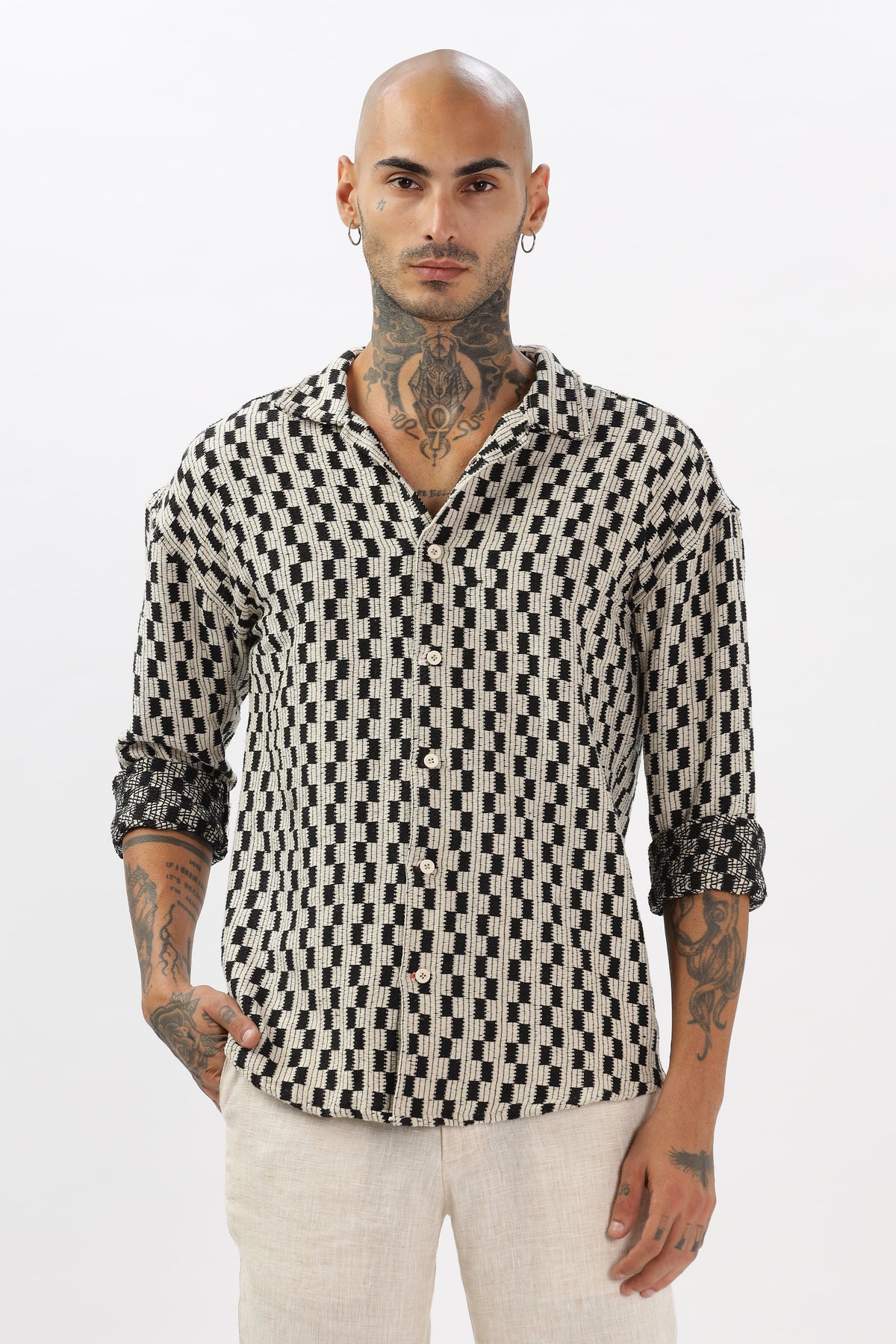 Black Crochet Cotton  Full Sleeves Regular Shirt