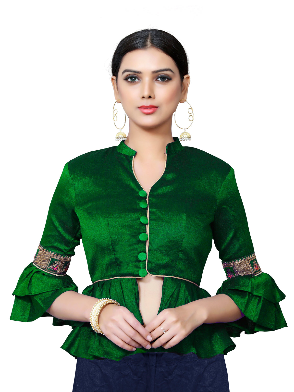 Green Banglori Silk 3/4 Sleeve Solid Blouse