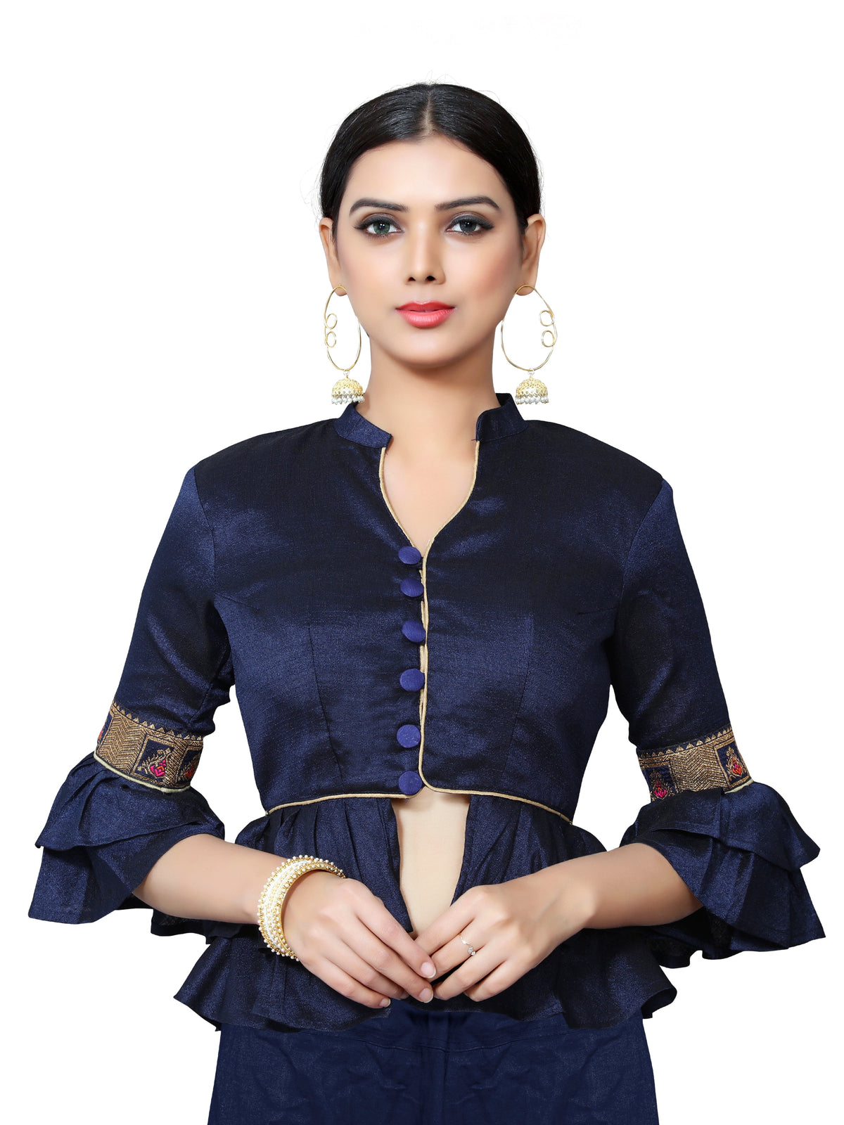 Navy Blue Banglori Silk 3/4 Sleeve Solid Blouse