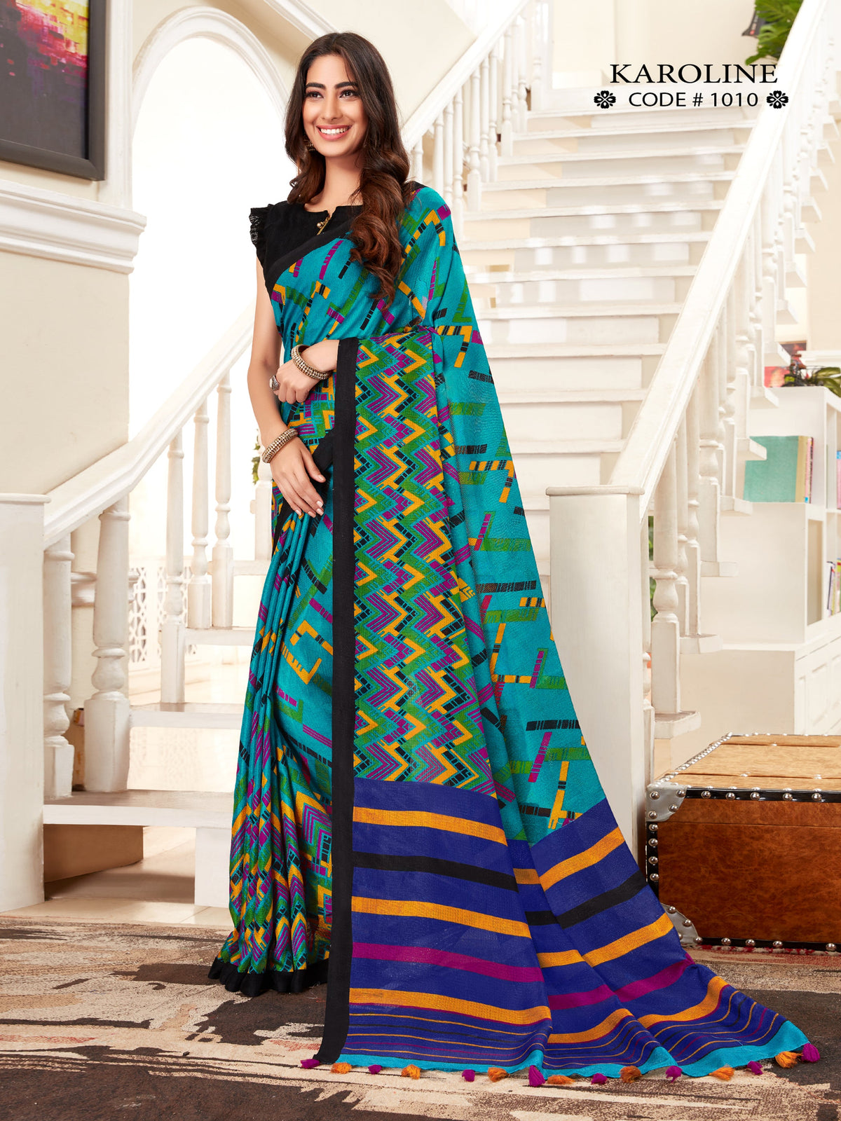 Teal Linen Printed Saree