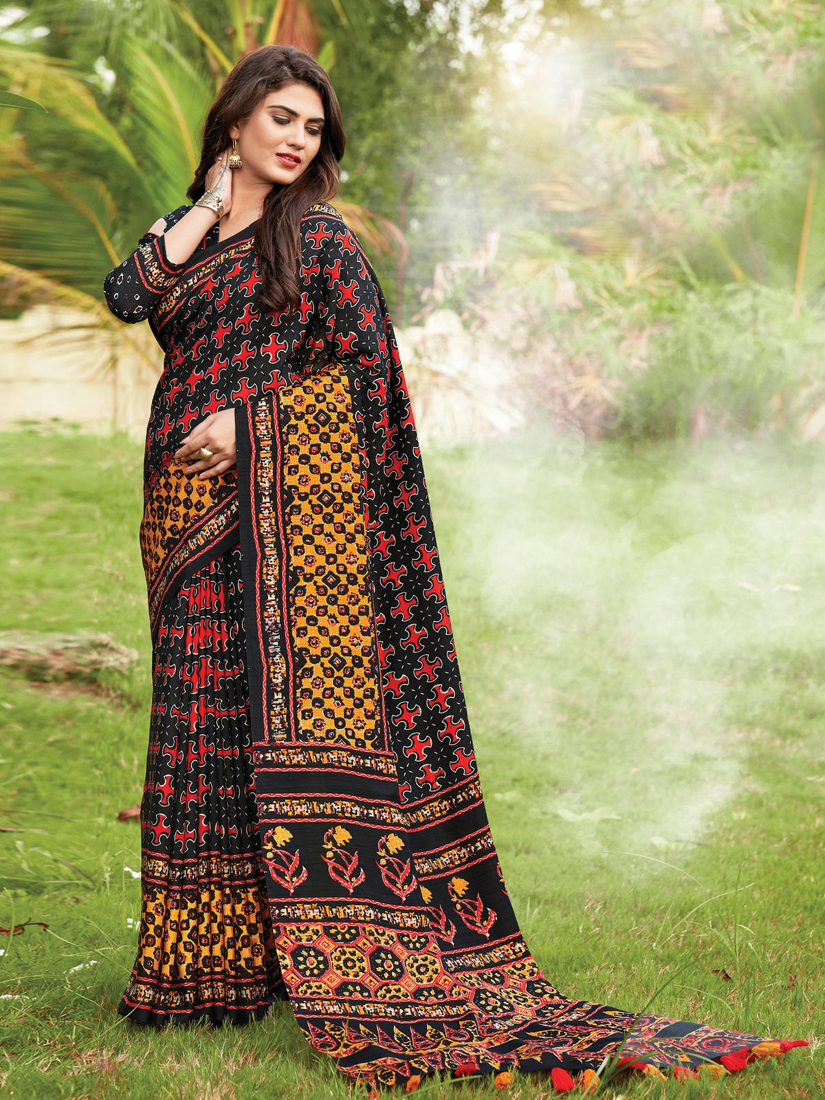 Black Cotton Art Silk Printed Saree