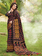 Black Cotton Art Silk Printed Saree