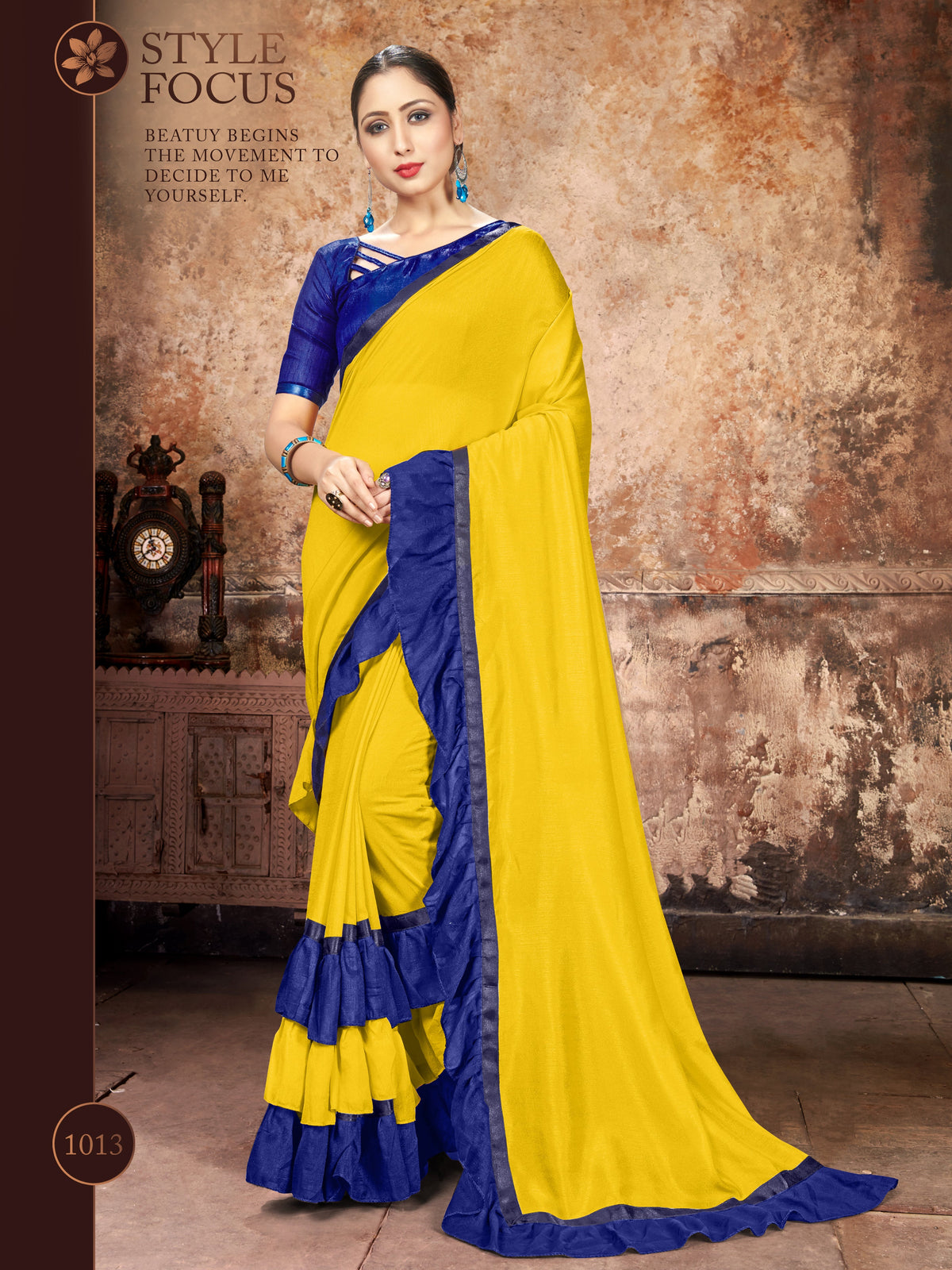 Yellow Georgette Ruffle Frill Saree