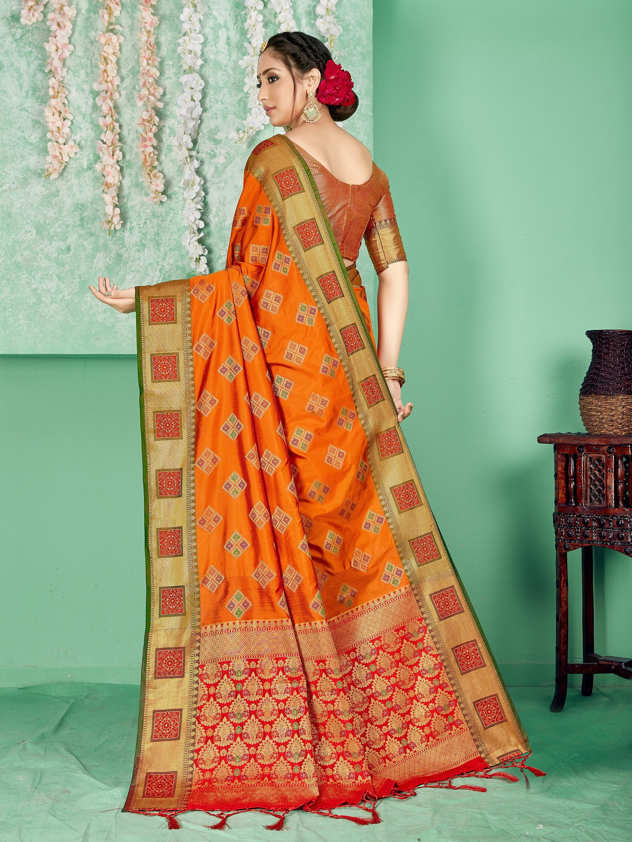 Orange Banarasi Art Silk Woven Saree
